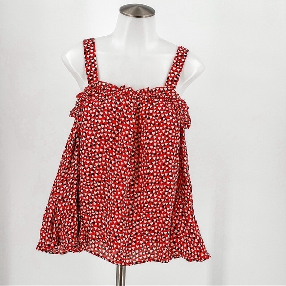 J. Crew Tops - J Crew Red Off Shoulder Bell Sleeve Heart Print Silk Blouse